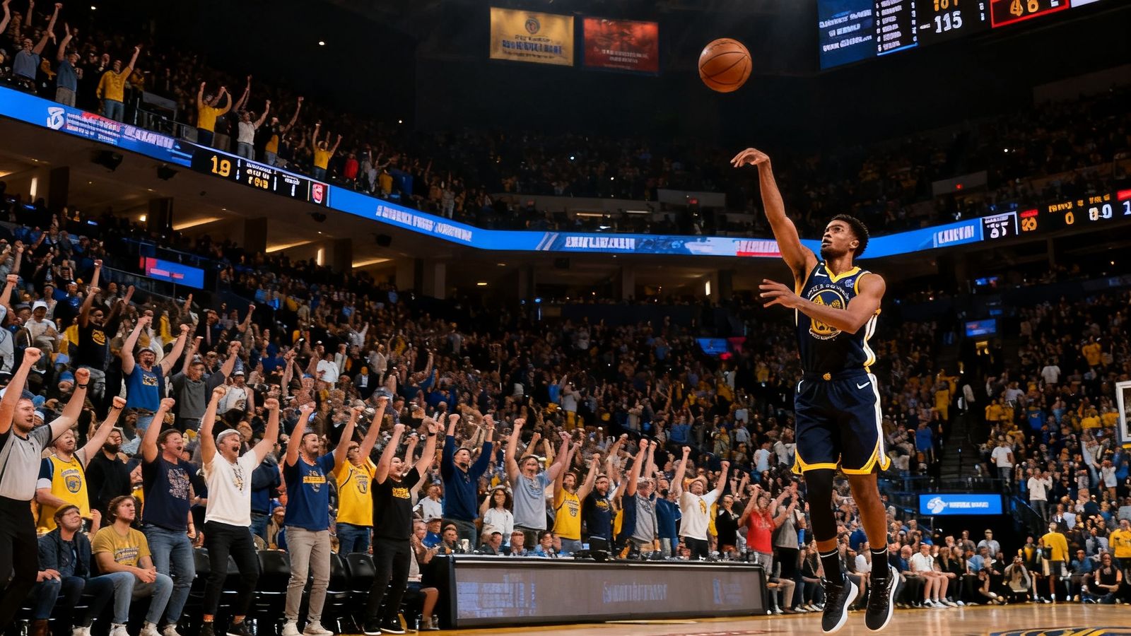 NBA季后赛焦点战，球员在三分线外急停跳投，球馆内数万名观众起立欢呼，比分牌显示比分紧咬