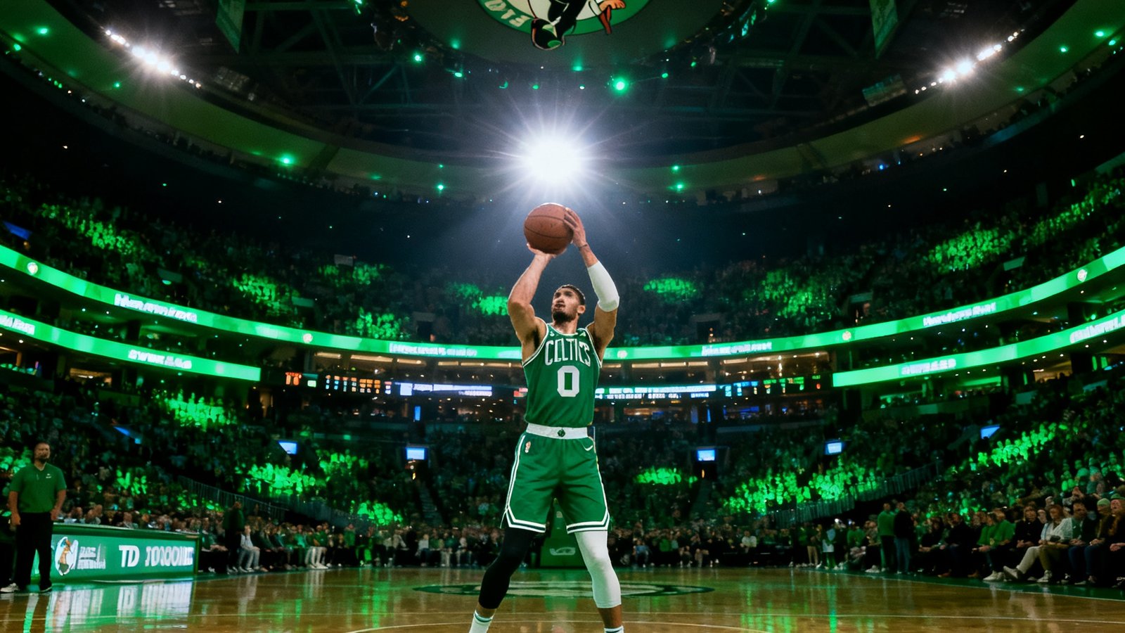 NBA东部决赛凯尔特人主场TD花园球馆，绿色灯光海洋中球员在罚球线上专注投篮